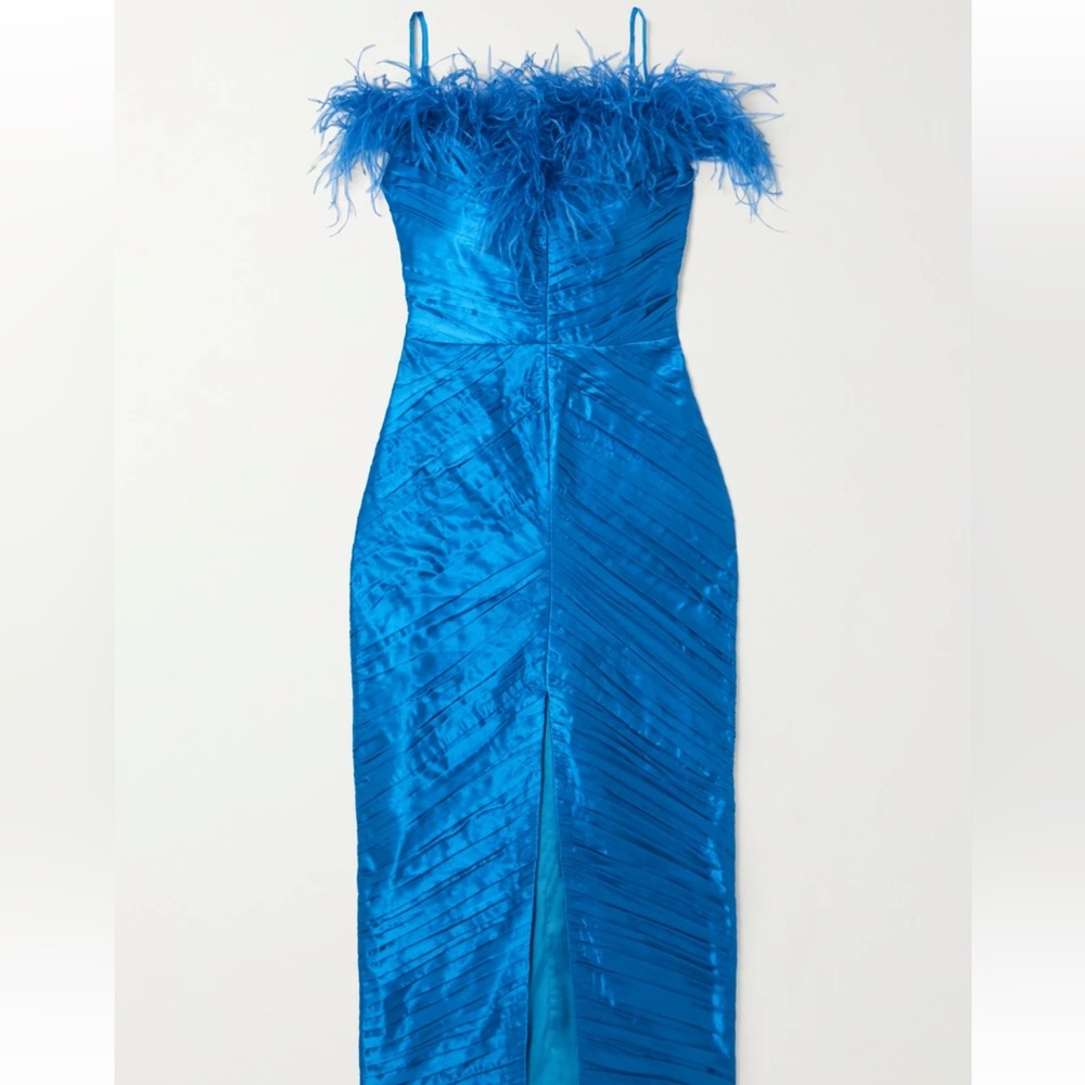 Rasario Feather-Trimmed Ruched Satin Midi Dress in Bright Blue